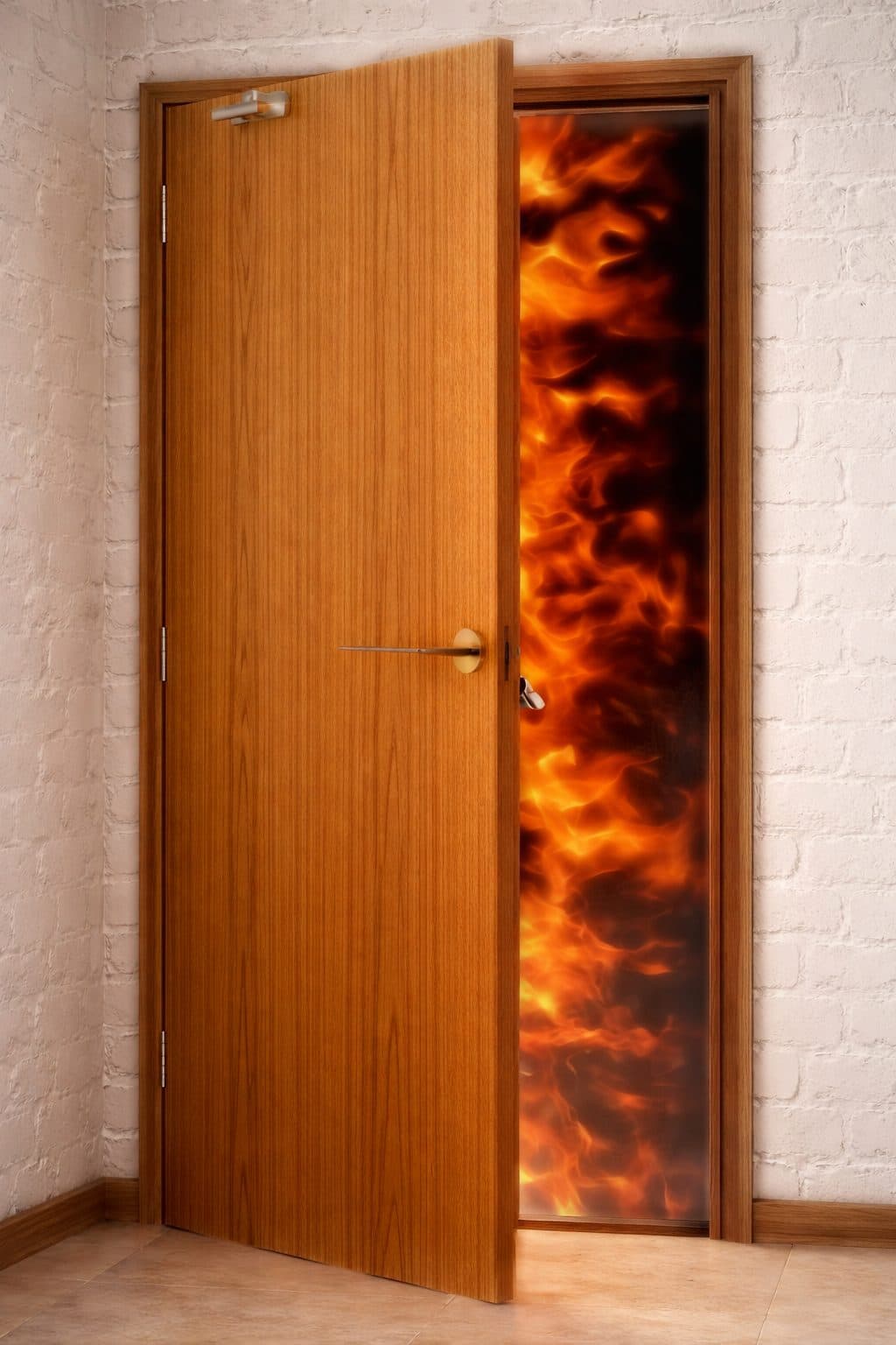 A fire-rated door holding back flames