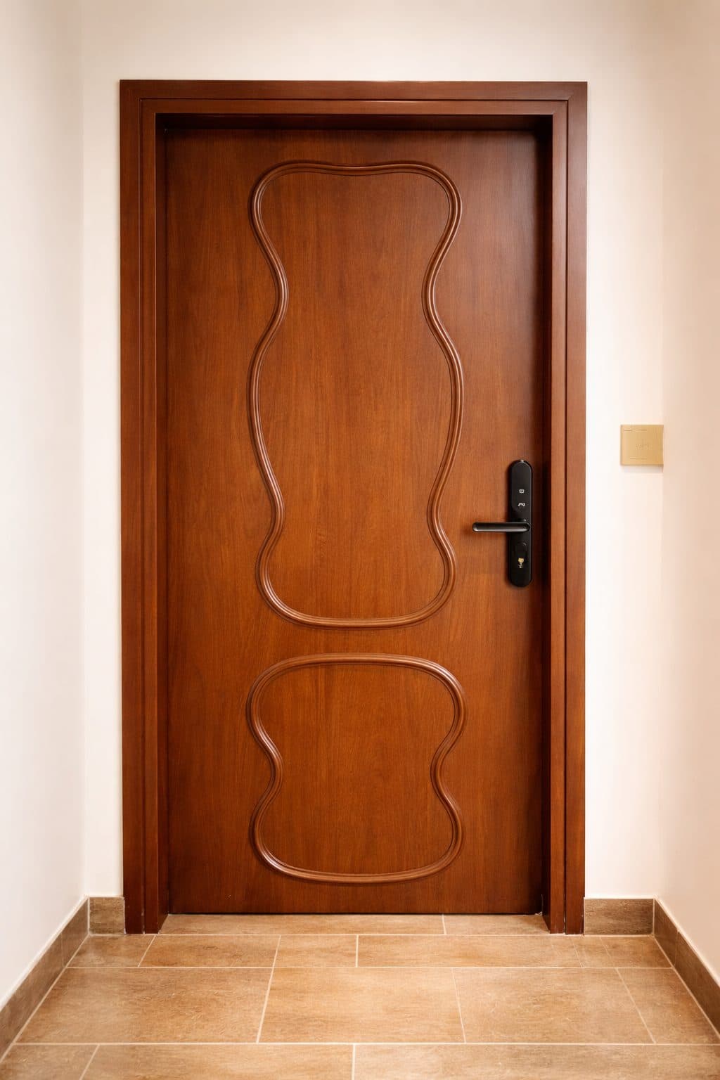 Veneer door with a carved wave inlay