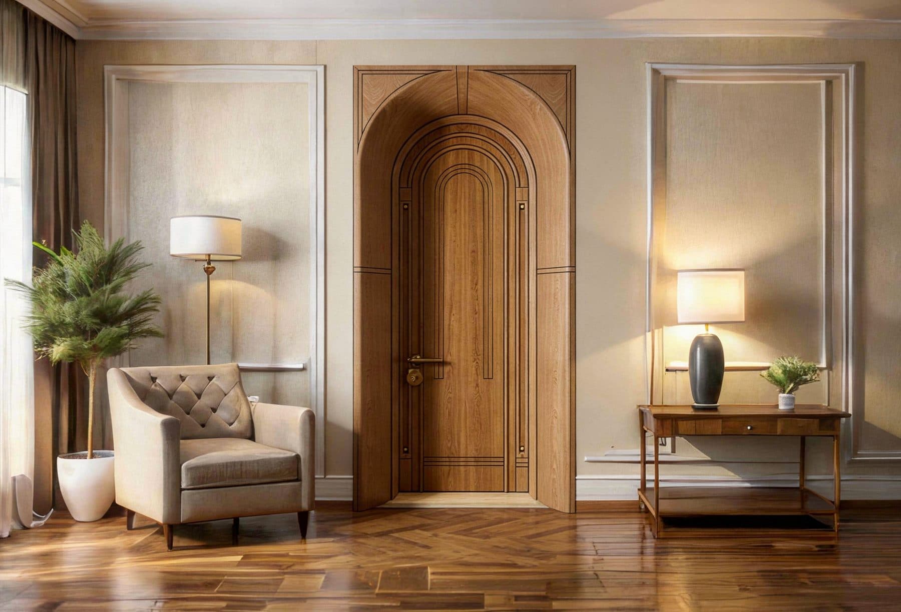 An arched veneer door in a living room
