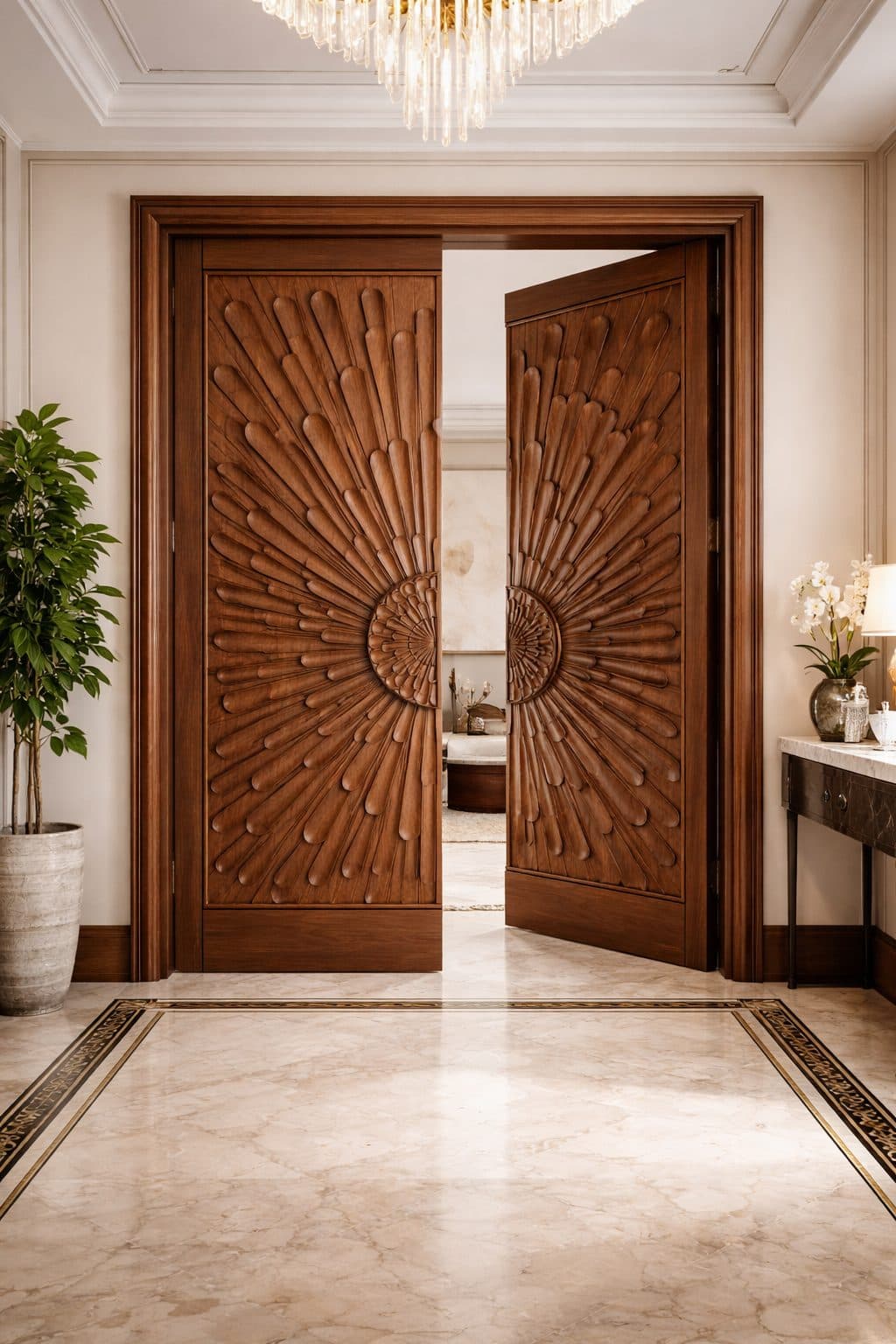 Carved double teak door with a sunburst pattern