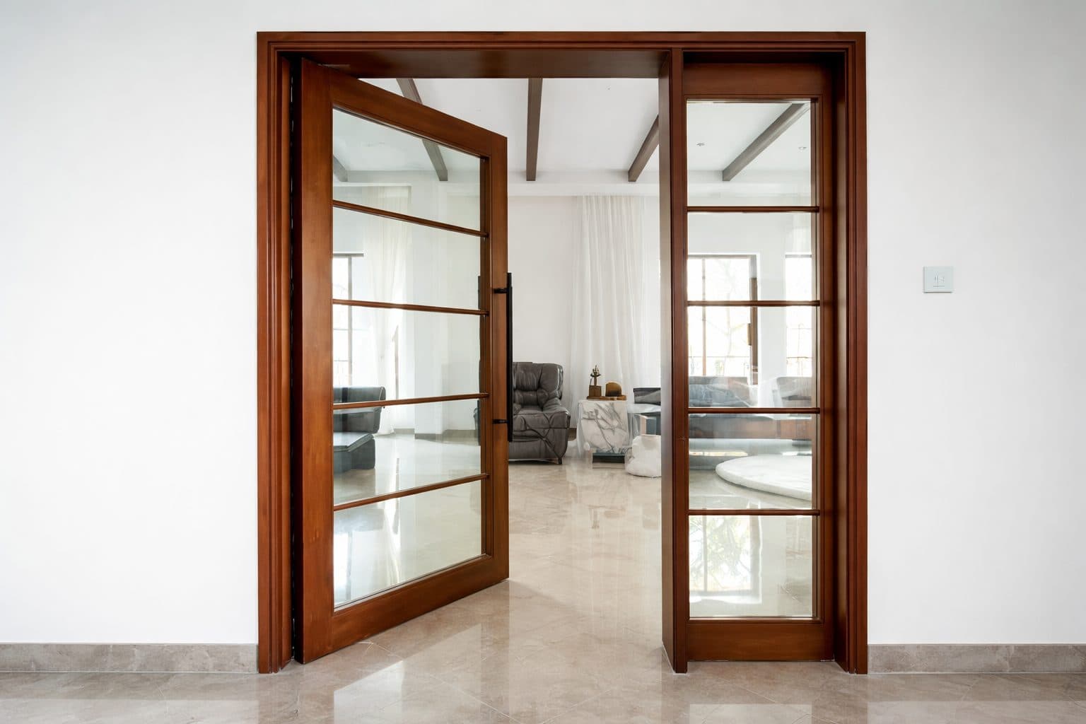 Double teak doors with glazed panels