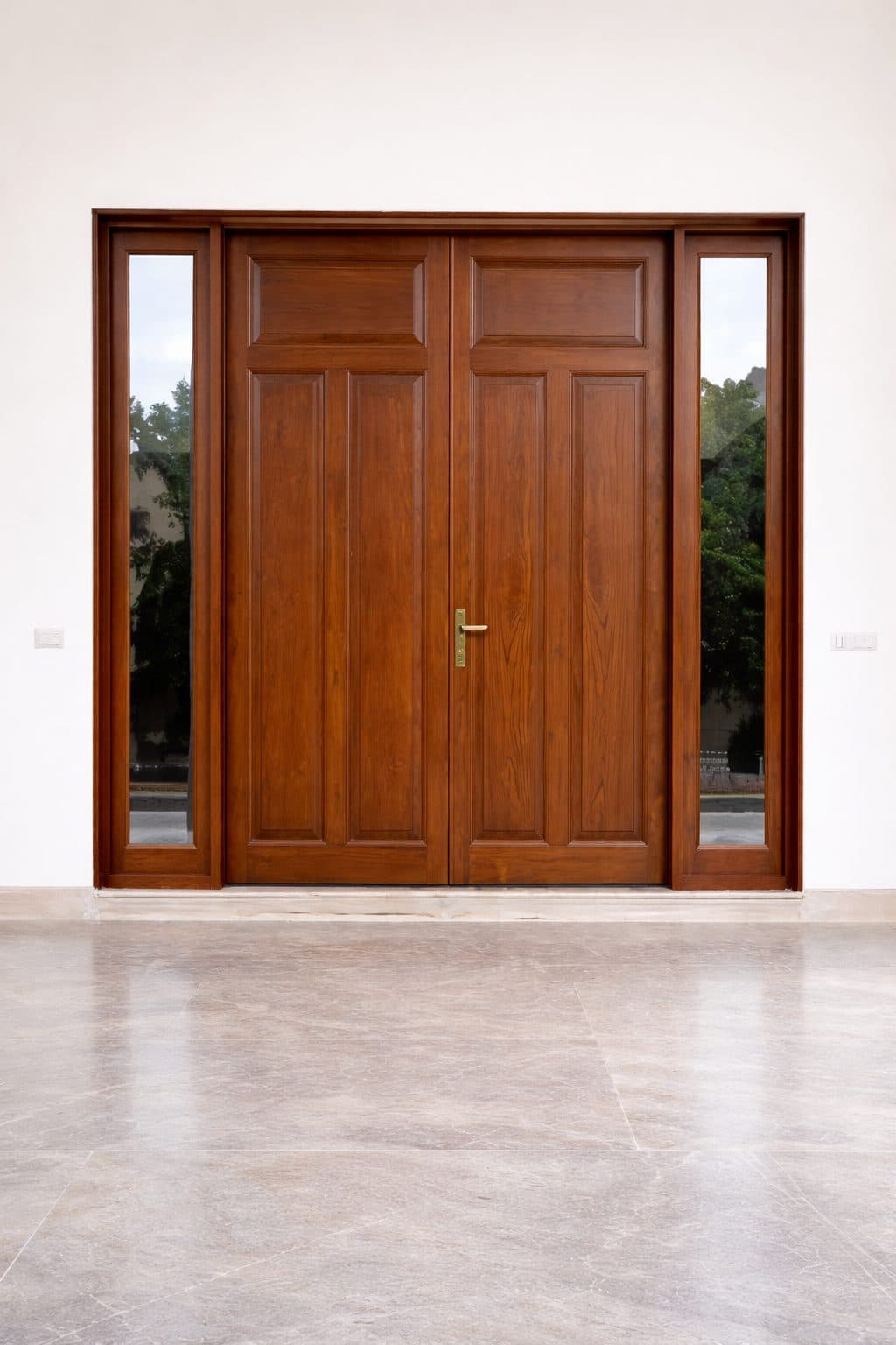 Panelled double teak door with glazed sidelights