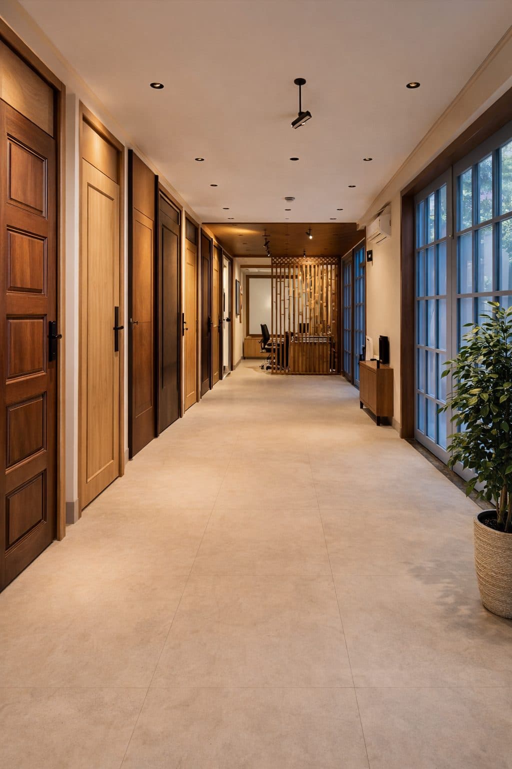 A corridor lined with timber doors